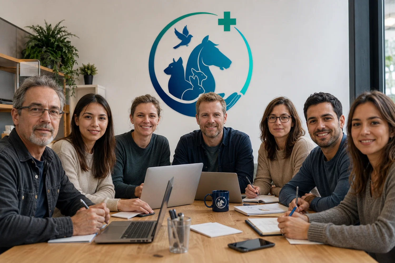 L'équipe rédactionnelle de la Clinique Vétérinaire Saint-Romain réunie autour d'une table de travail
