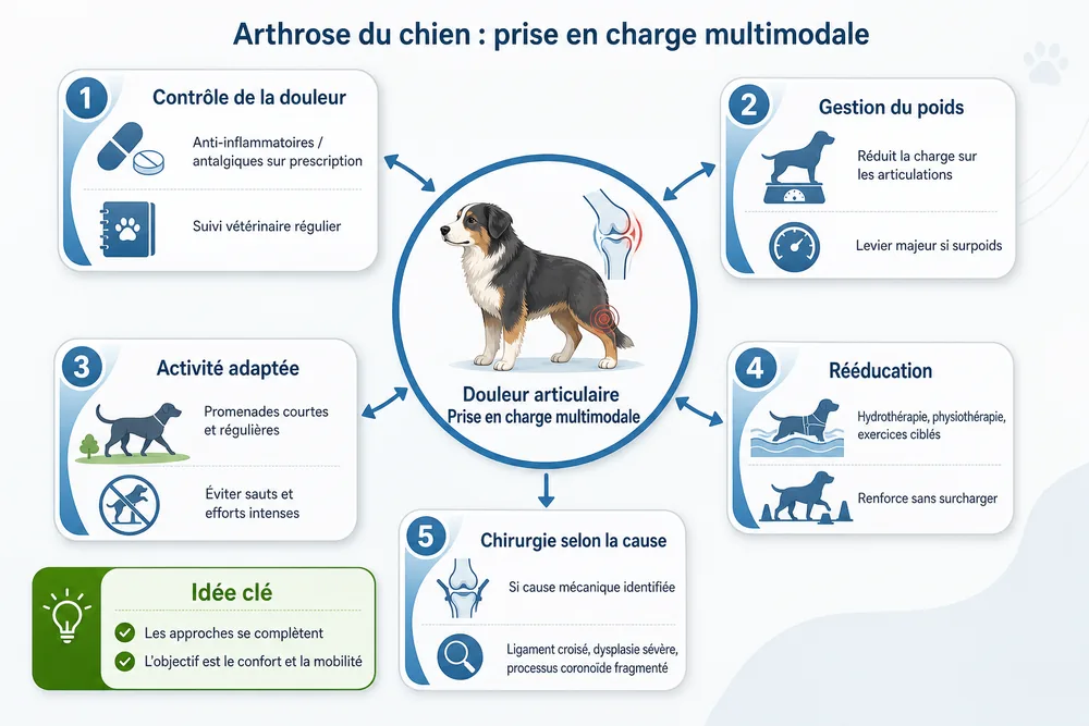 Arthrose du chien : prise en charge multimodale. Un schéma clair pour comprendre que le soulagement associe douleur, poids, activité, rééducation et parfois chirurgie.