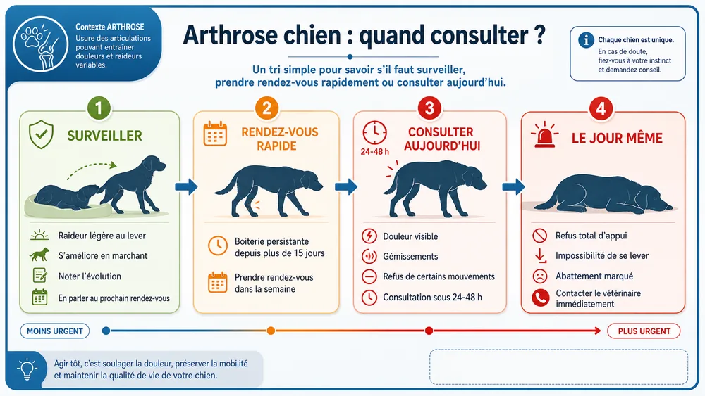 Arthrose chien : quand consulter ? Un tri simple pour savoir s’il faut surveiller, prendre rendez-vous rapidement ou consulter aujourd’hui.