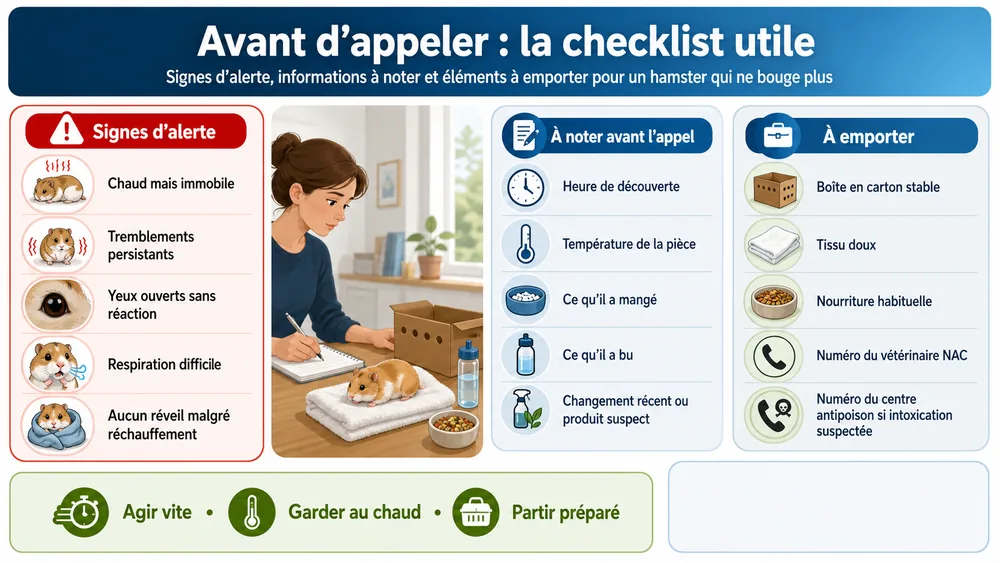 Avant d’appeler : la checklist utile. Signes d’alerte, informations à noter et éléments à emporter pour un hamster qui ne bouge plus