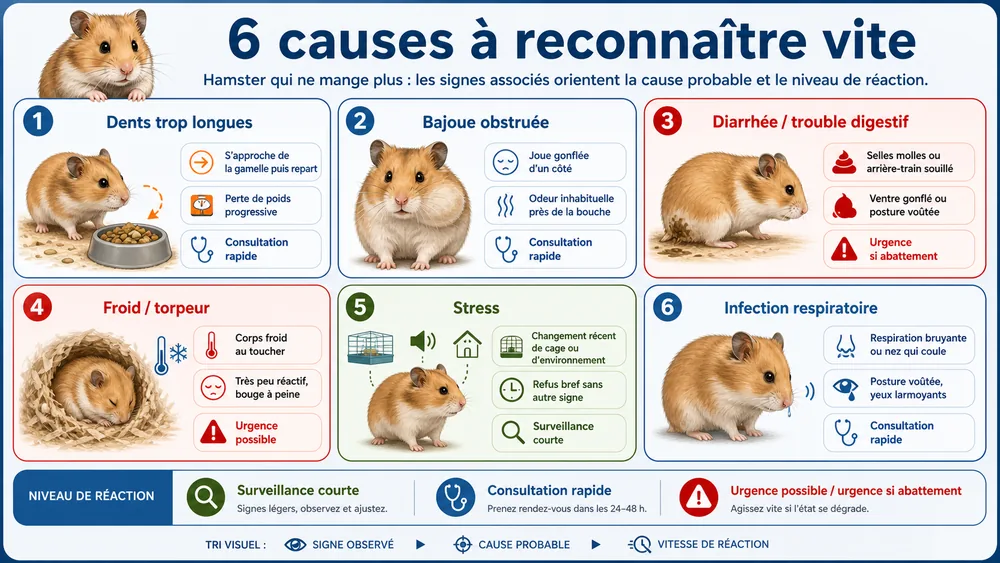 6 causes à reconnaître vite : hamster qui ne mange plus, les signes associés orientent la cause probable et le niveau de réaction
