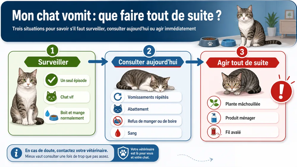 Arbre de décision face à un chat qui vomit : surveiller si épisode isolé et chat vif, consulter aujourd'hui si vomissements répétés, abattement ou sang, agir tout de suite en cas d'intoxication suspectée.