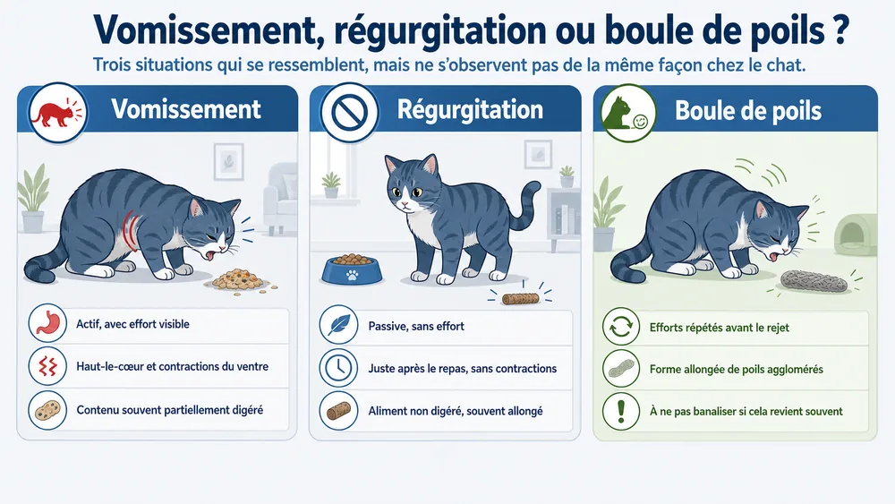 Vomissement, régurgitation ou boule de poils chez le chat : effort visible et contractions pour le vomissement, rejet passif sans effort pour la régurgitation, forme allongée de poils agglomérés pour la boule de poils.