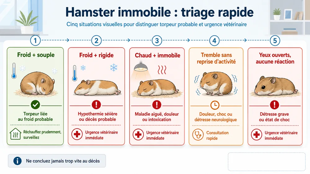 Hamster immobile : triage rapide. Cinq situations visuelles pour distinguer torpeur probable et urgence vétérinaire