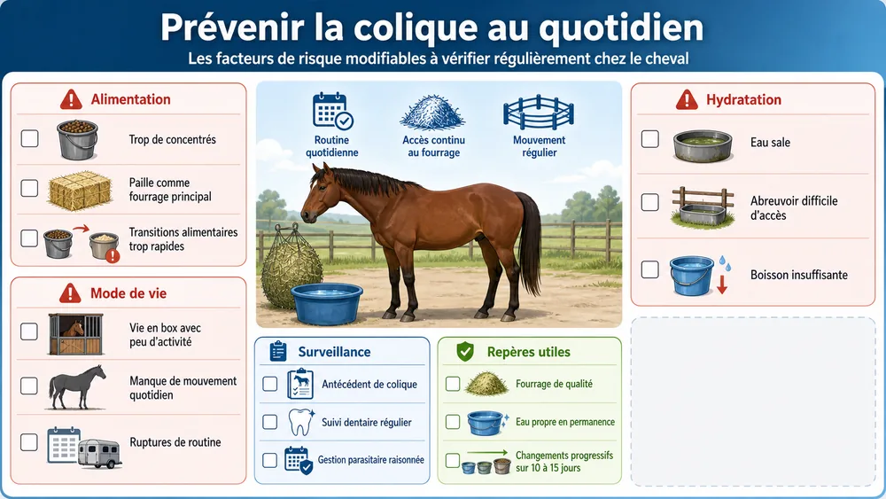 Prévenir la colique au quotidien : les facteurs de risque modifiables à vérifier régulièrement chez le cheval