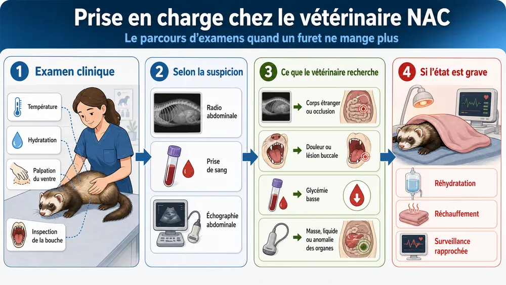 Prise en charge chez le vétérinaire NAC : le parcours d’examens quand un furet ne mange plus