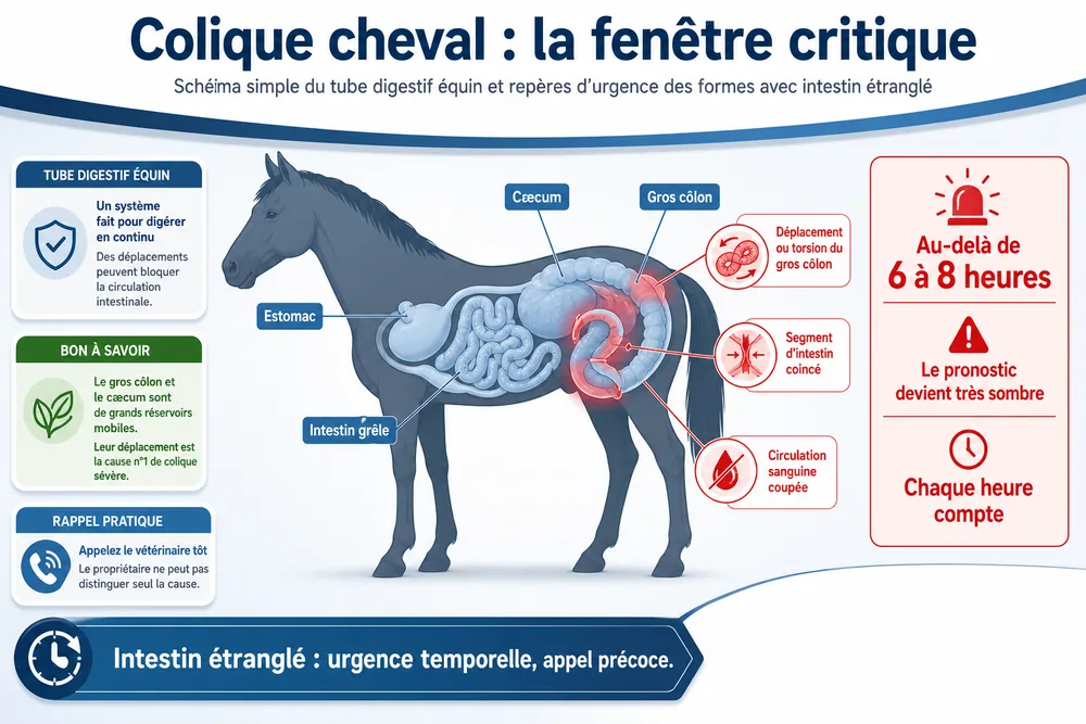 Schéma du tube digestif du cheval et fenêtre critique des coliques graves