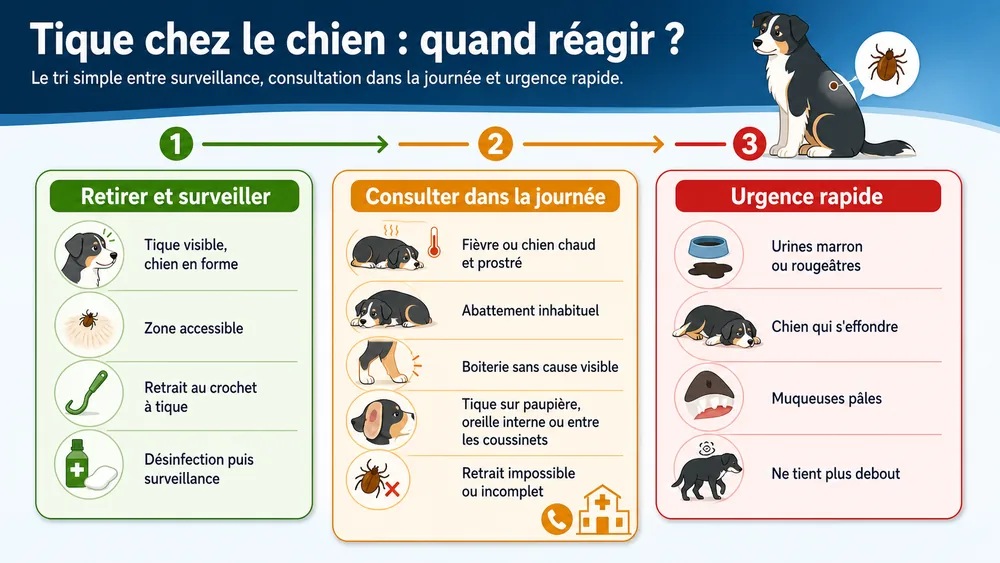 Tique chez le chien : quand réagir ?. Le tri simple entre surveillance, consultation dans la journée et urgence rapide.