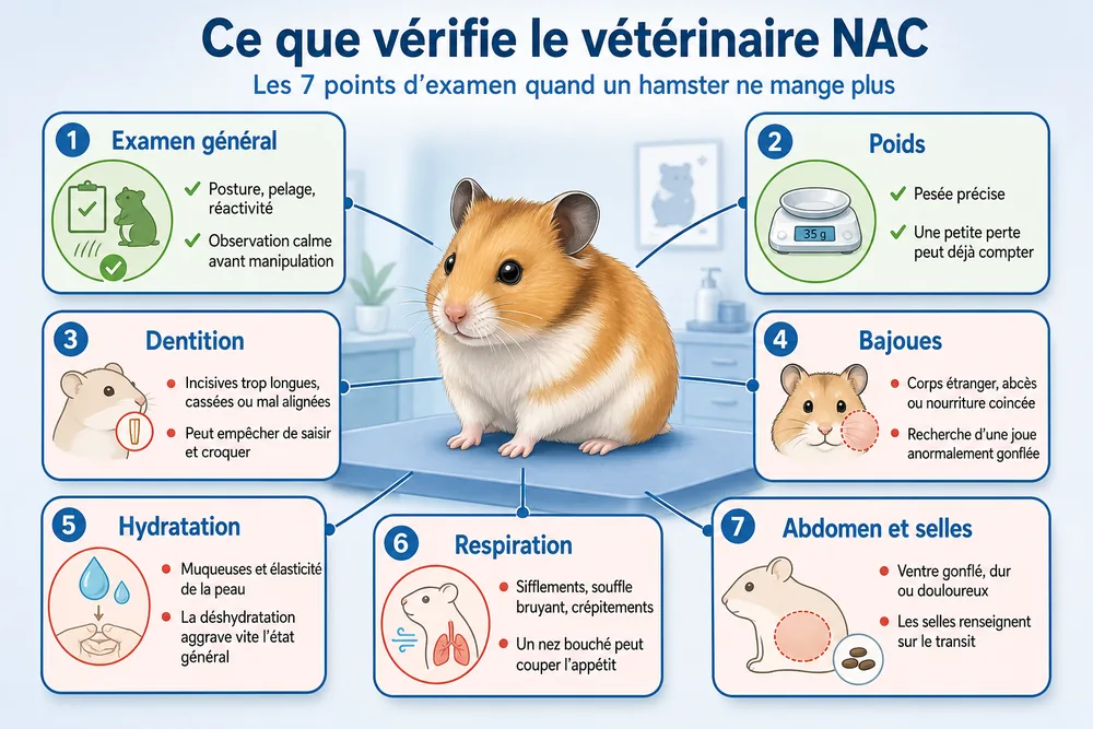 Ce que vérifie le vétérinaire NAC : les 7 points d’examen quand un hamster ne mange plus