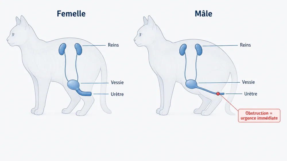 Voies urinaires du chat, comparaison femelle et mâle, avec urètre plus fin chez le mâle et rappel qu’une obstruction est une urgence immédiate.