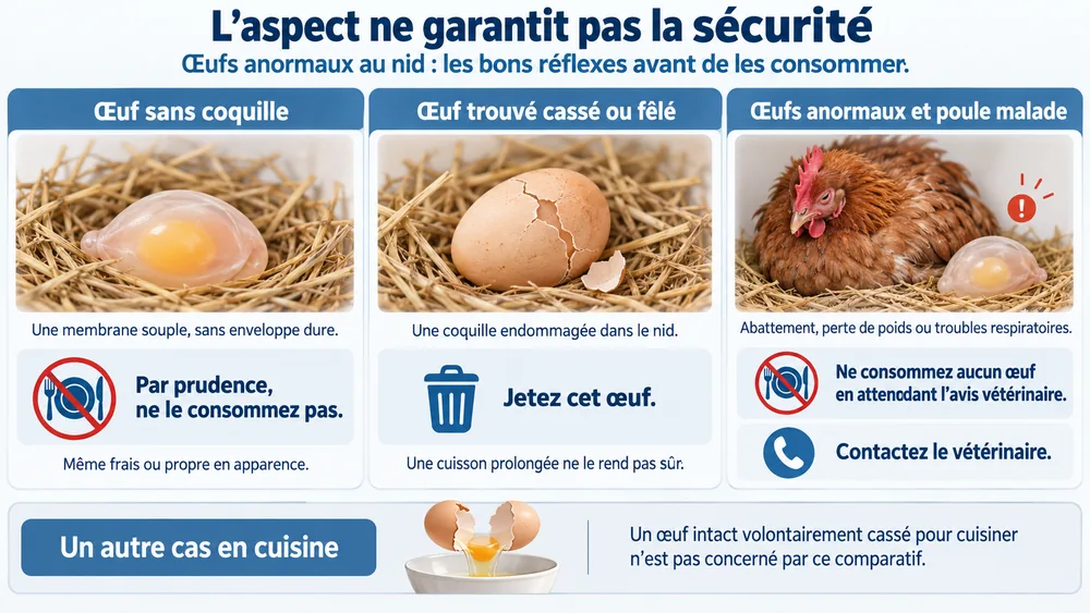 L’aspect ne garantit pas la sécurité. Œufs anormaux au nid : les bons réflexes avant de les consommer.