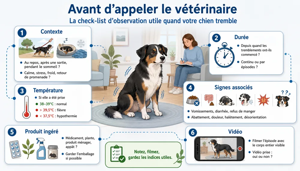 Avant d’appeler le vétérinaire. La checklist d’observation utile quand votre chien tremble