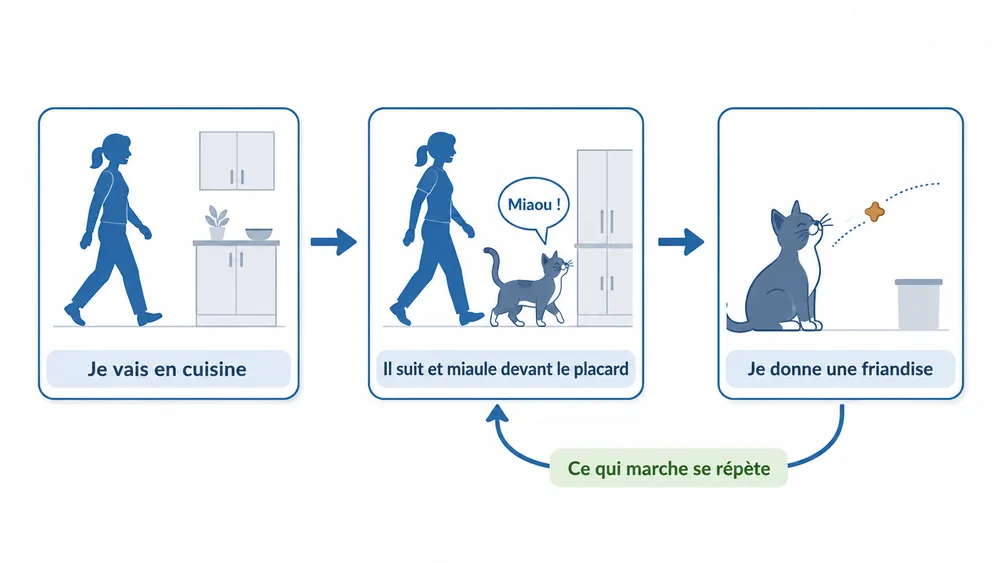 La boucle ABC du miaulement : ce qui se passe après explique pourquoi le chat recommence.
