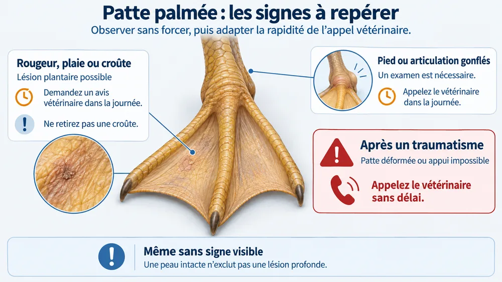 Pour un canard qui boite, ce schéma de patte palmée présente les signes à repérer et les situations nécessitant un appel vétérinaire.