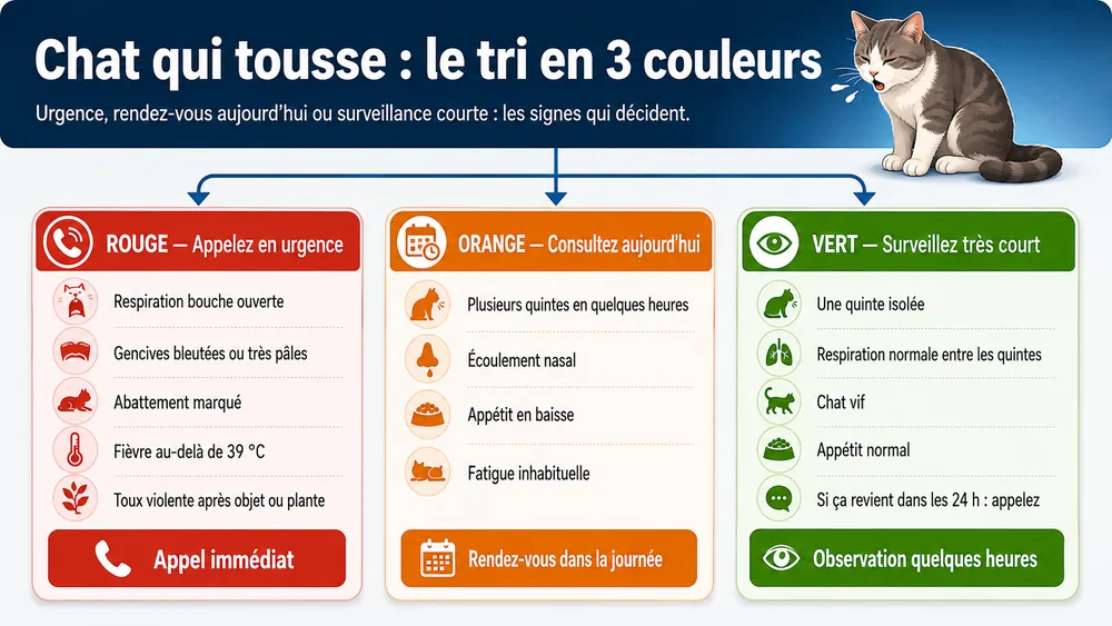 Chat qui tousse : le tri en 3 couleurs. Urgence, rendez-vous aujourd’hui ou surveillance courte : les signes qui décident.