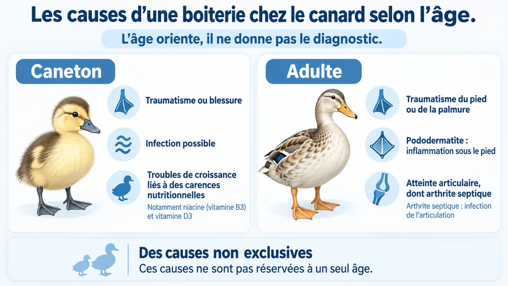 Chez un canard qui boite, cette infographie compare les causes possibles chez le caneton et l’adulte, sans diagnostic fondé sur l’âge.