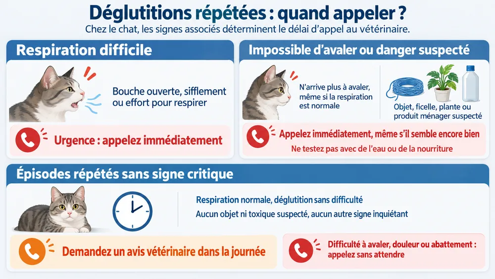 Déglutitions répétées : quand appeler ?. Chez le chat, les signes associés déterminent le délai d’appel au vétérinaire.