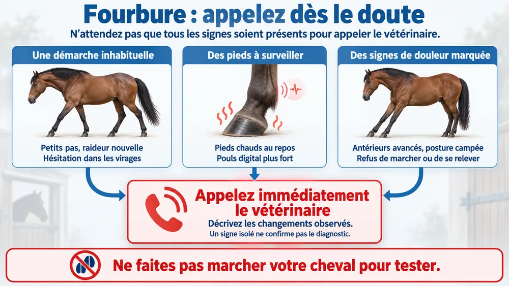 Fourbure : appelez dès le doute. N’attendez pas que tous les signes soient présents pour appeler le vétérinaire.