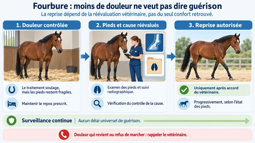 Fourbure : moins de douleur ne veut pas dire guérison. La reprise dépend de la réévaluation vétérinaire, pas du seul confort retrouvé.