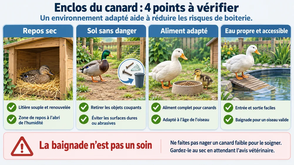 Pour limiter les récidives chez un canard qui boite, cette infographie illustre le repos au sec, le sol sans danger, l’aliment adapté et l’accès à une eau propre.
