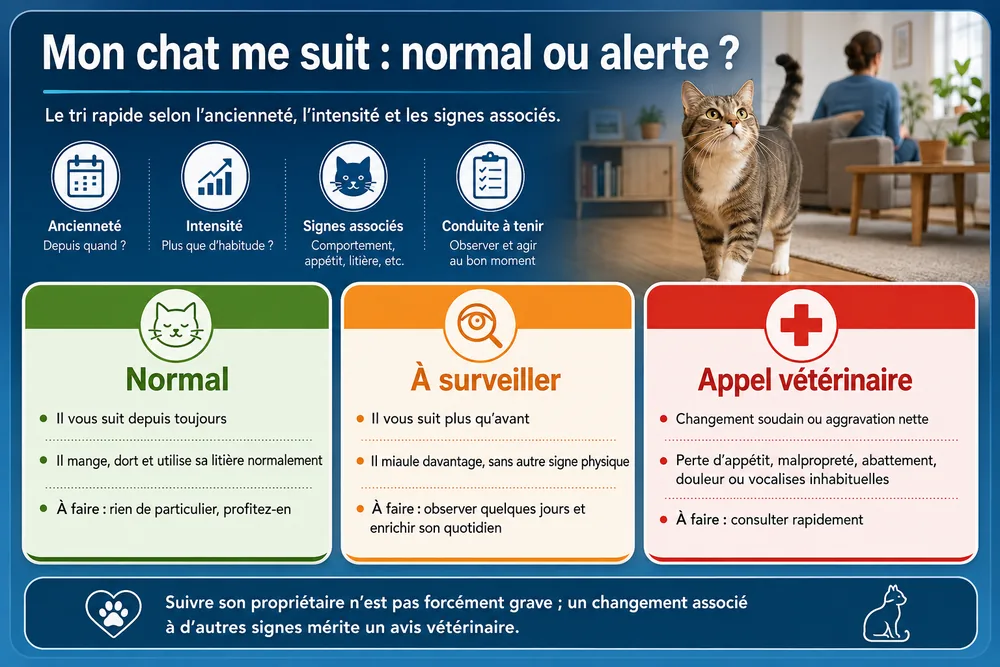 Mon chat me suit : normal ou alerte ?. Le tri rapide selon l’ancienneté, l’intensité et les signes associés.