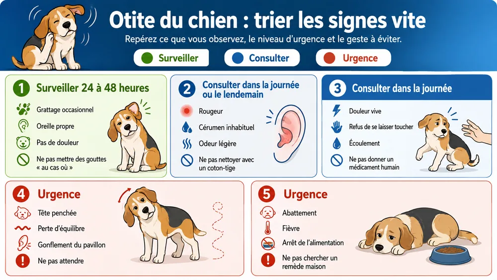 Otite du chien : trier les signes vite. Repérez ce que vous observez, le niveau d’urgence et le geste à éviter.