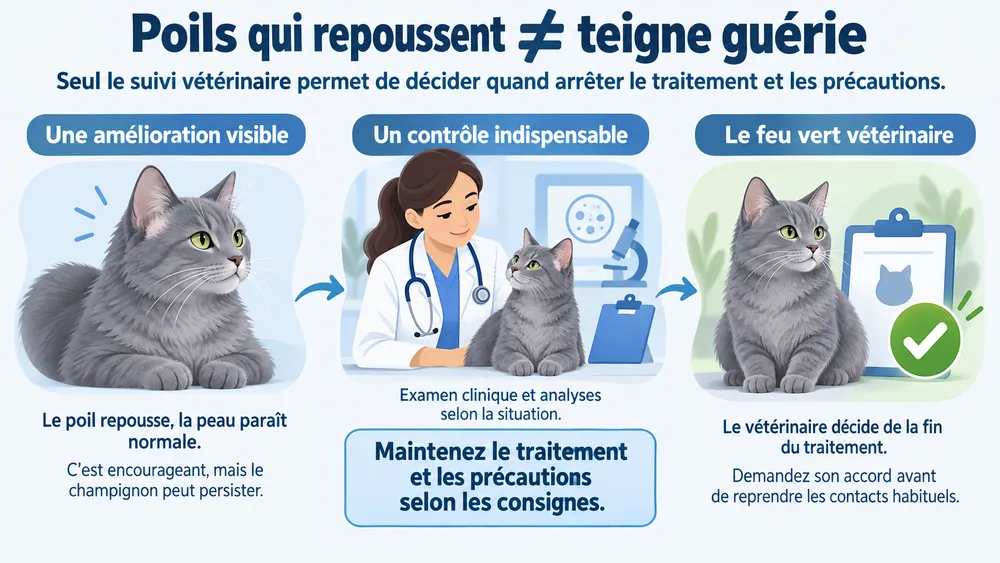 Poils qui repoussent ≠ teigne guérie : seul le suivi vétérinaire permet de décider quand arrêter le traitement et les précautions.