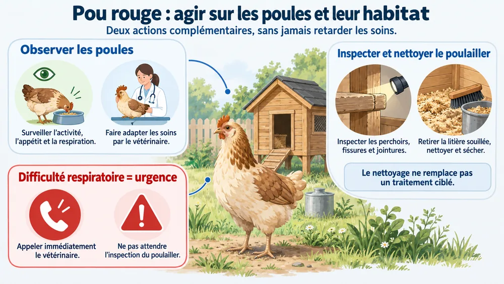 Pou rouge : agir sur les poules et leur habitat. Deux actions complémentaires, sans jamais retarder les soins.