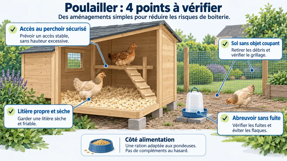 Poulailler : 4 points à vérifier. Des aménagements simples pour réduire les risques de boiterie chez une poule qui boite.