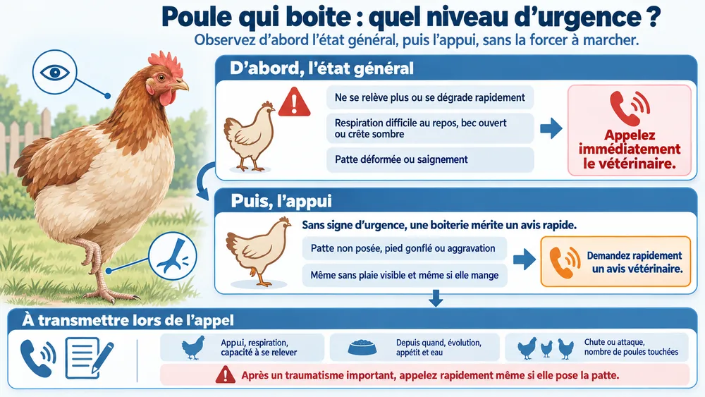 Poule qui boite : quel niveau d’urgence ?. Observez d’abord l’état général, puis l’appui, sans la forcer à marcher.