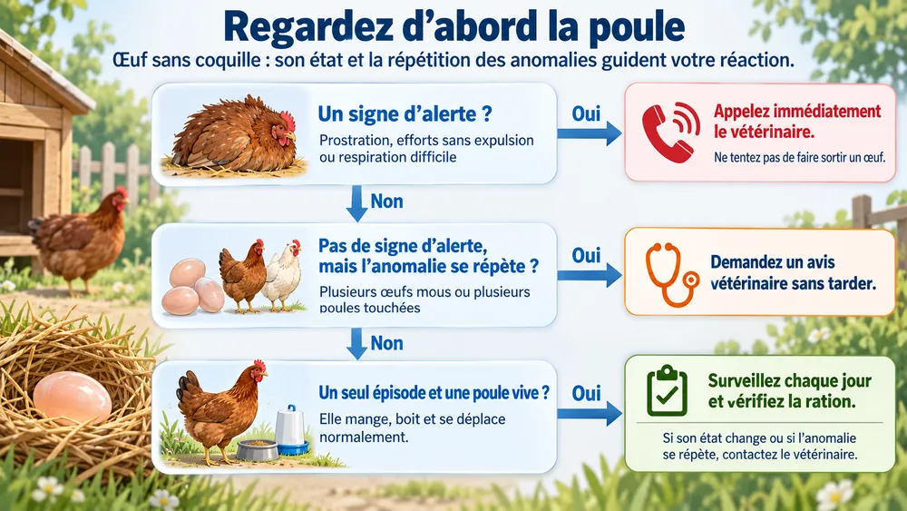 Regardez d’abord la poule. Œuf sans coquille : son état et la répétition des anomalies guident votre réaction.