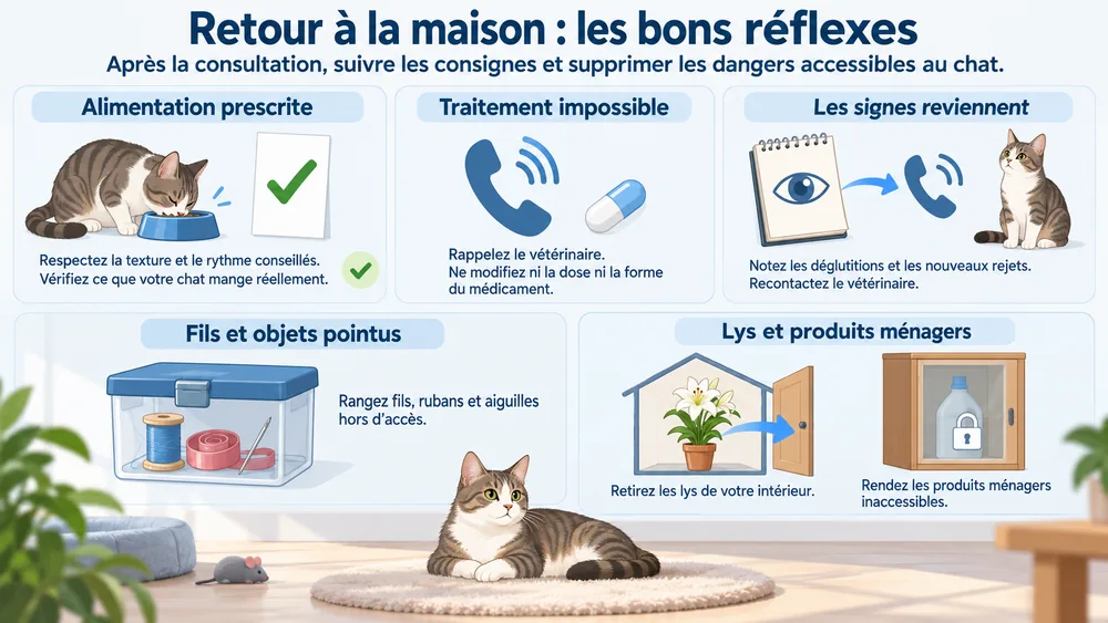 Retour à la maison : les bons réflexes. Après la consultation, suivre les consignes et supprimer les dangers accessibles au chat.