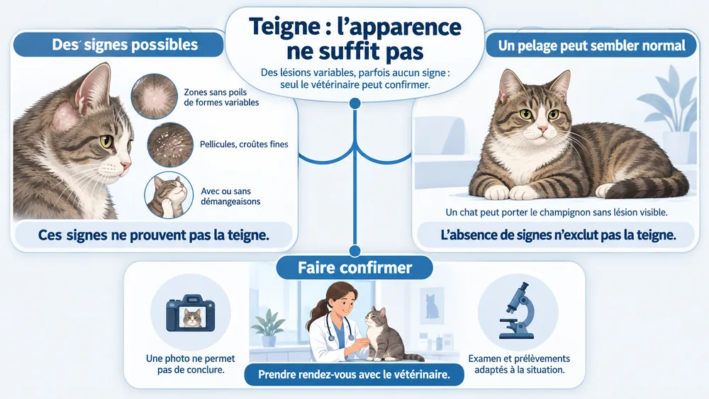 Teigne : l’apparence ne suffit pas. Des lésions variables, parfois aucun signe : seul le vétérinaire peut confirmer.