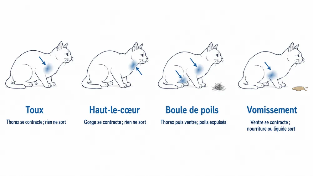 Thorax, ventre, sortie : distinguer les épisodes. La zone qui travaille et ce qui sort à la fin orientent l’observation.