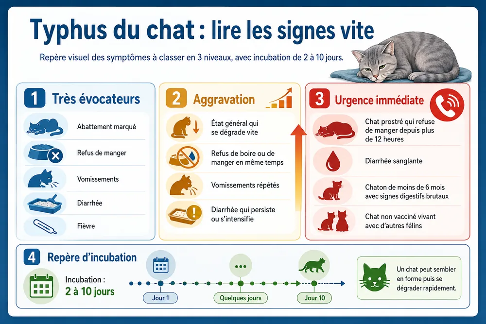 Typhus du chat : lire les signes vite. Repère visuel des symptômes à classer en 3 niveaux, avec incubation de 2 à 10 jours.