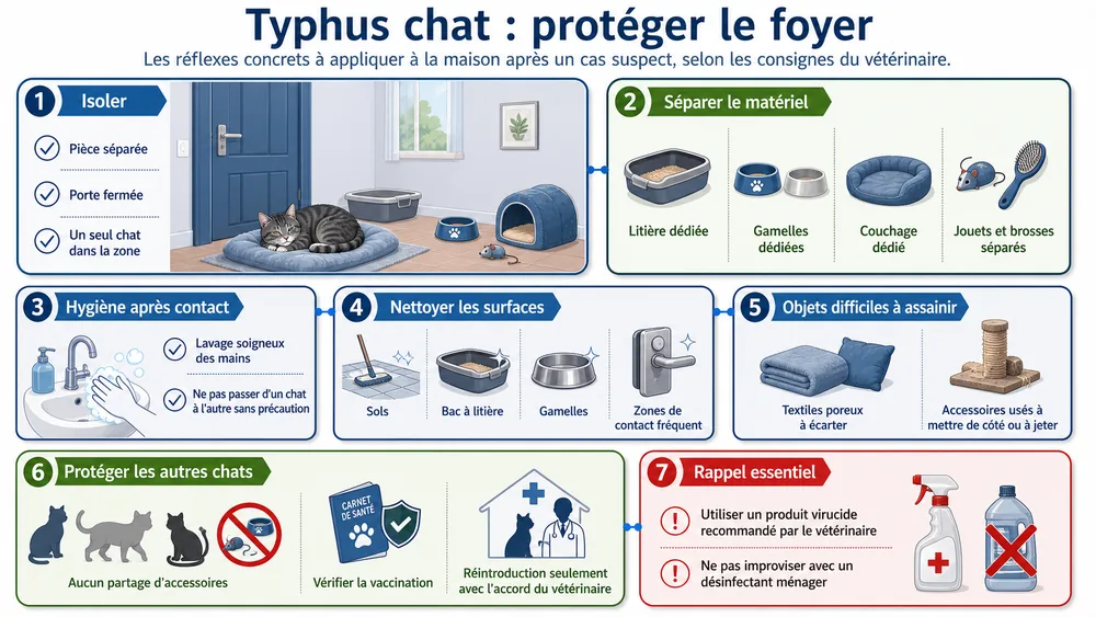 Typhus chat : protéger le foyer. Les réflexes concrets à appliquer à la maison après un cas suspect, selon les consignes du vétérinaire.
