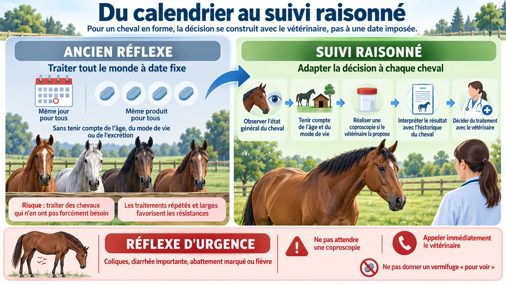 Du calendrier au suivi raisonné : pour un cheval en forme, la décision se construit avec le vétérinaire, pas à une date imposée.