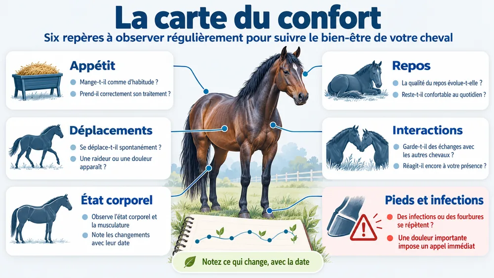 La carte du confort : six repères à observer régulièrement pour suivre le bien-être de votre cheval