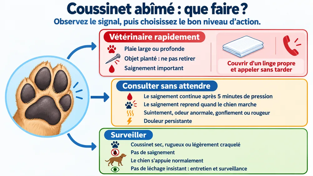 Coussinet abîmé : que faire ?. Observez le signal, puis choisissez le bon niveau d’action.