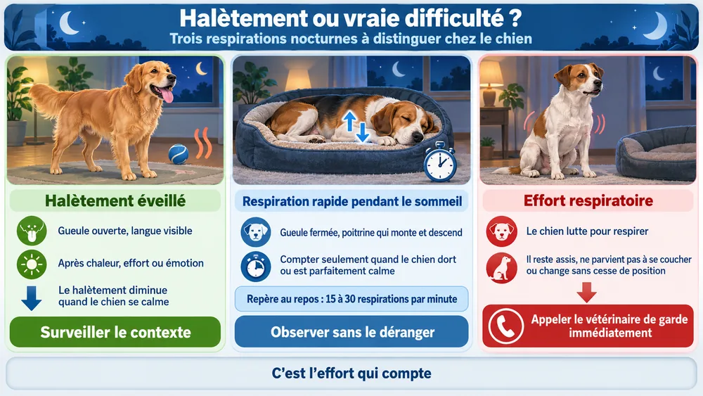 Halètement ou vraie difficulté ? Trois respirations nocturnes à distinguer chez le chien qui halète la nuit.