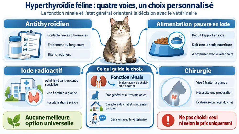 Hyperthyroïdie féline : quatre voies, un choix personnalisé. La fonction rénale et l’état général orientent la décision avec le vétérinaire