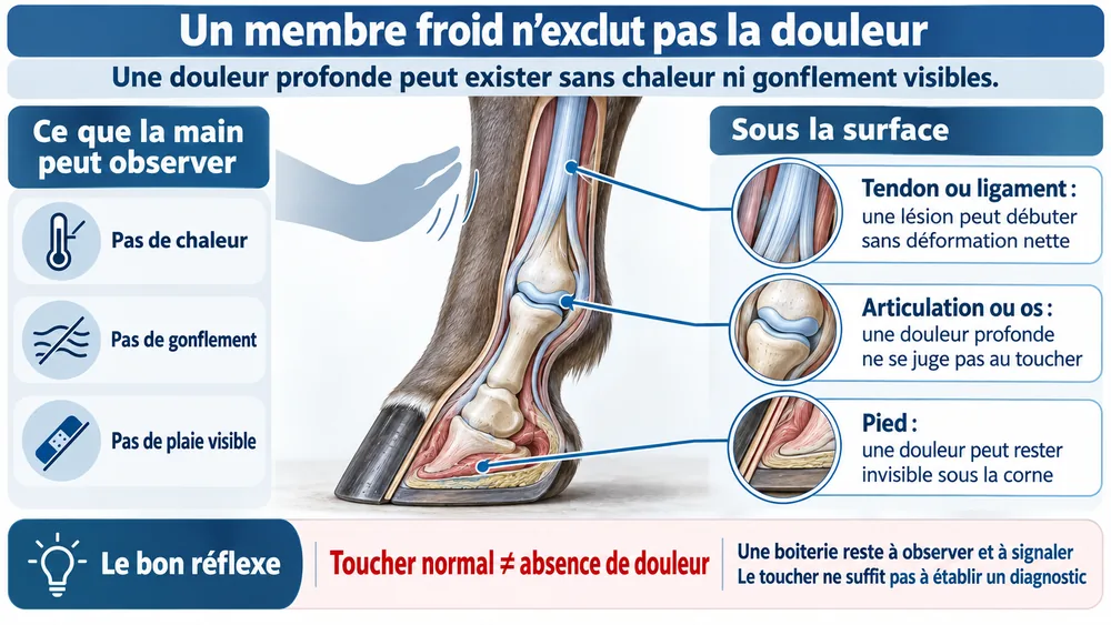 Si boiterie cheval sans gonflement ni chaleur, un membre froid n’exclut pas la douleur : une douleur profonde peut exister sans chaleur ni gonflement visibles.