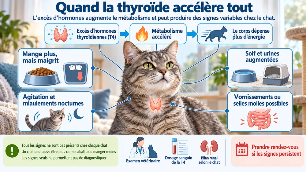 Quand la thyroïde accélère tout : l’excès d’hormones augmente le métabolisme et peut produire des signes variables chez le chat.