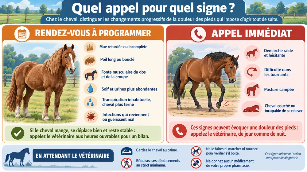 Quel appel pour quel signe ? : chez le cheval, distinguer les changements progressifs de la douleur des pieds qui impose d’agir tout de suite.