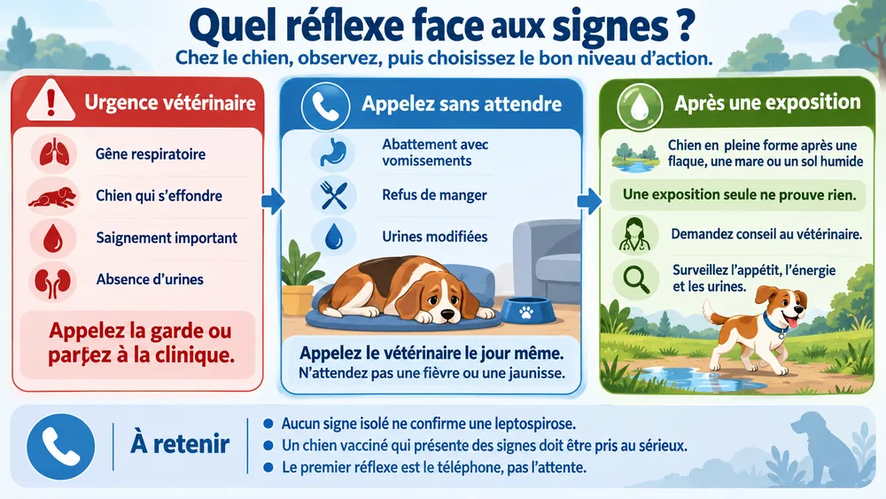 Quel réflexe face aux signes ? : chez le chien, observez, puis choisissez le bon niveau d’action.