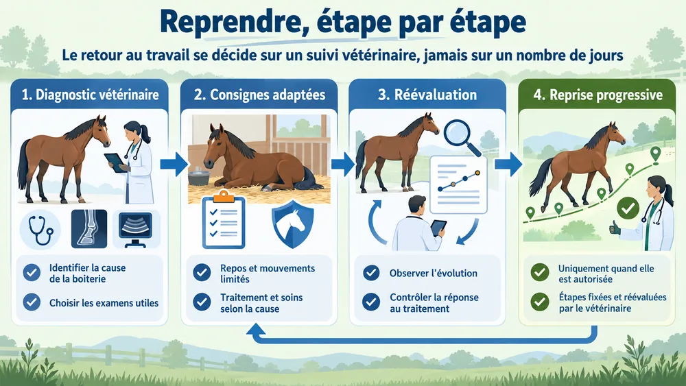 Reprendre, étape par étape : le retour au travail d'un cheval qui boite se décide sur un suivi vétérinaire, jamais sur un nombre de jours