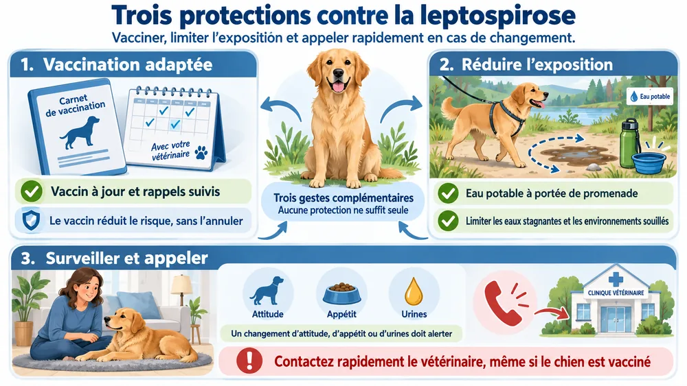 Trois protections contre la leptospirose : vacciner, limiter l’exposition et appeler rapidement en cas de changement.